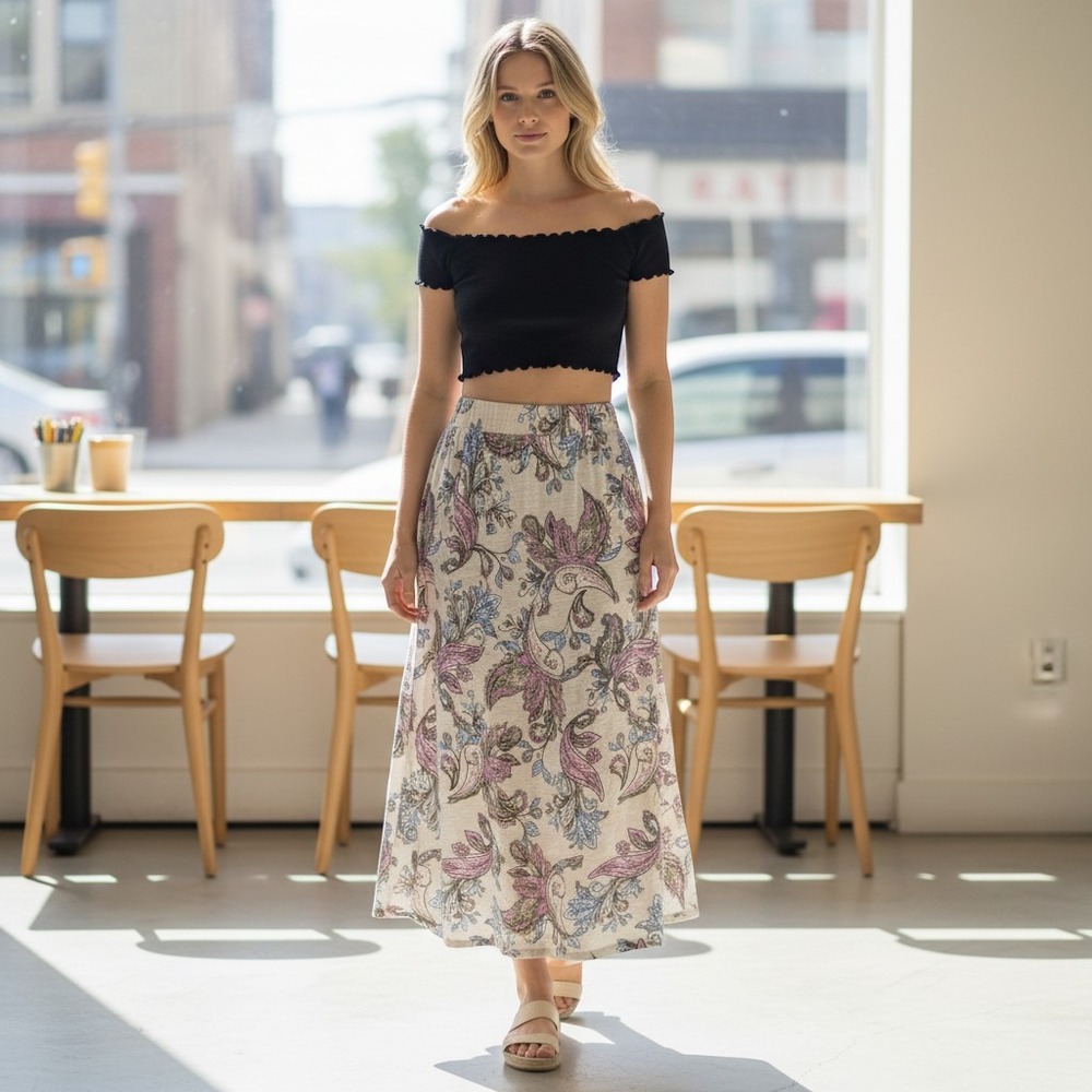 278. Denim & Co Paisley Floral Maxi‎ Skirt Pink Blue Oatmeal Heather Petite XL